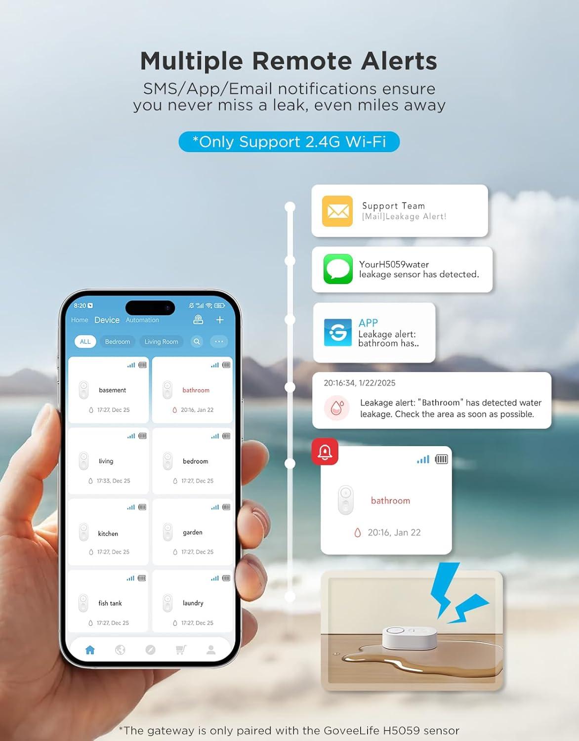 imageGoveeLife Upgraded Smart Water Leak Detector 1s with 1804ft UltraLong Range WiFi Water Sensor with SMSEmailAPP Push and Sound Alarm 5Year Battery Life Suit for Home Basement Kitchen 3 PackGateway1 Sensor