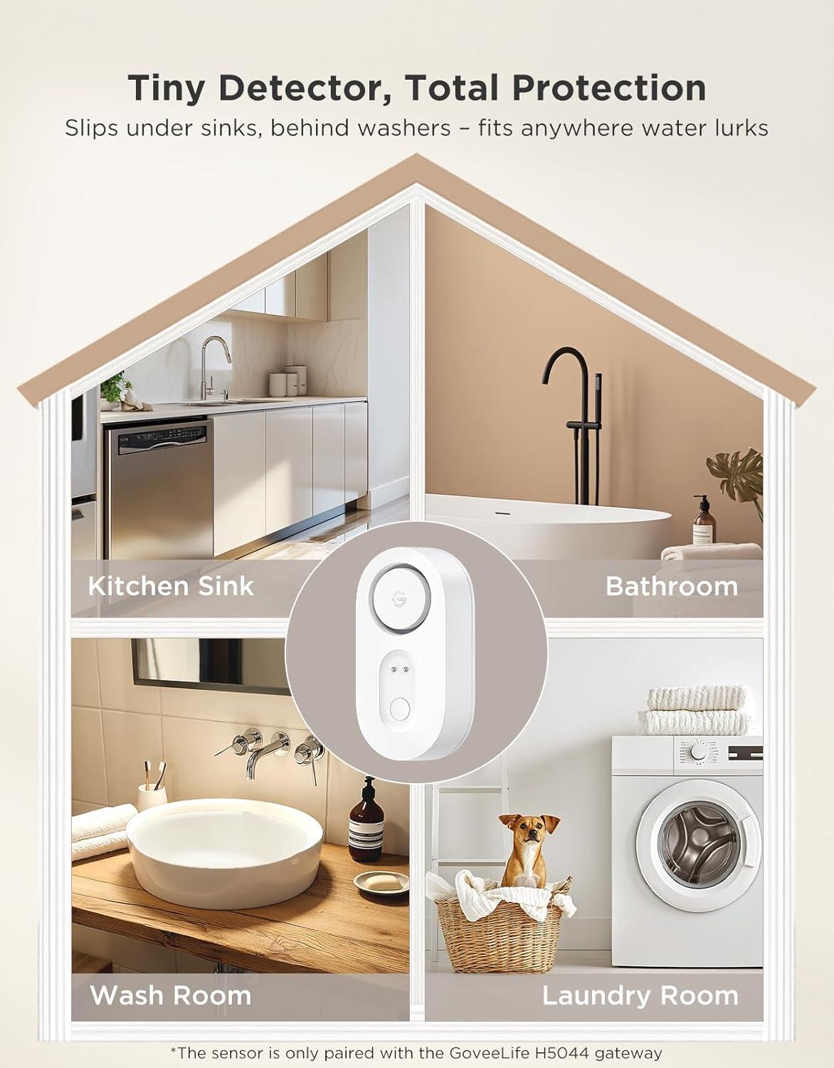 imageGoveeLife Water Leak Detector 5 Pack with 105dB Adjustable Alarm Water Alarm with Dual Sets Sensor Probes Leaks and Floods Suit for Home Basement and KitchenCannot Connect to WiFi Directly5 Packs