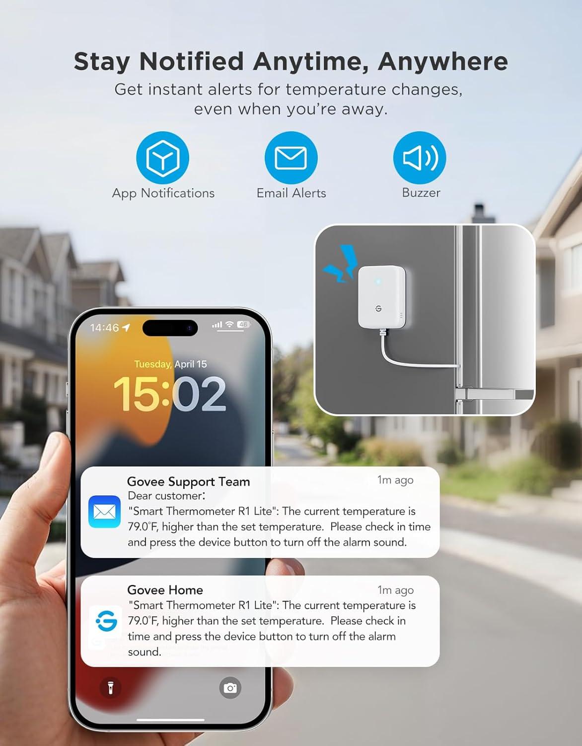 imageGoveeLife WiFi Refrigerator Thermometer with Alarm Wireless Digital Freezer Temperature Gauge with App Control 2 Years Free Data Export for Home Kitchen Fridge Hot Tub 2 Pack1 Gateway1 Sensor