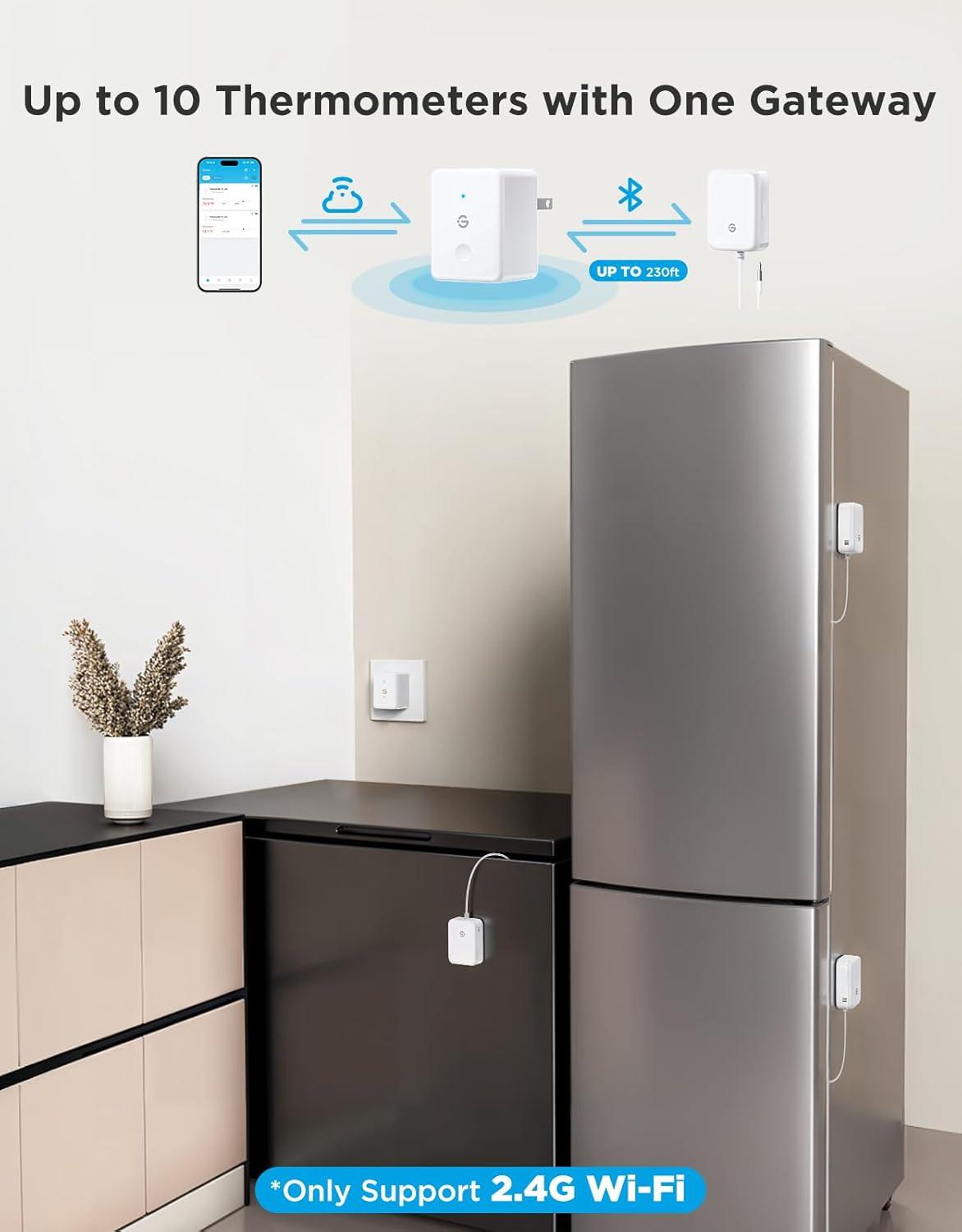 imageGoveeLife WiFi Refrigerator Thermometer with Alarm Wireless Digital Freezer Temperature Gauge with App Control 2 Years Free Data Export for Home Kitchen Fridge Hot Tub 2 Pack1 Gateway1 Sensor