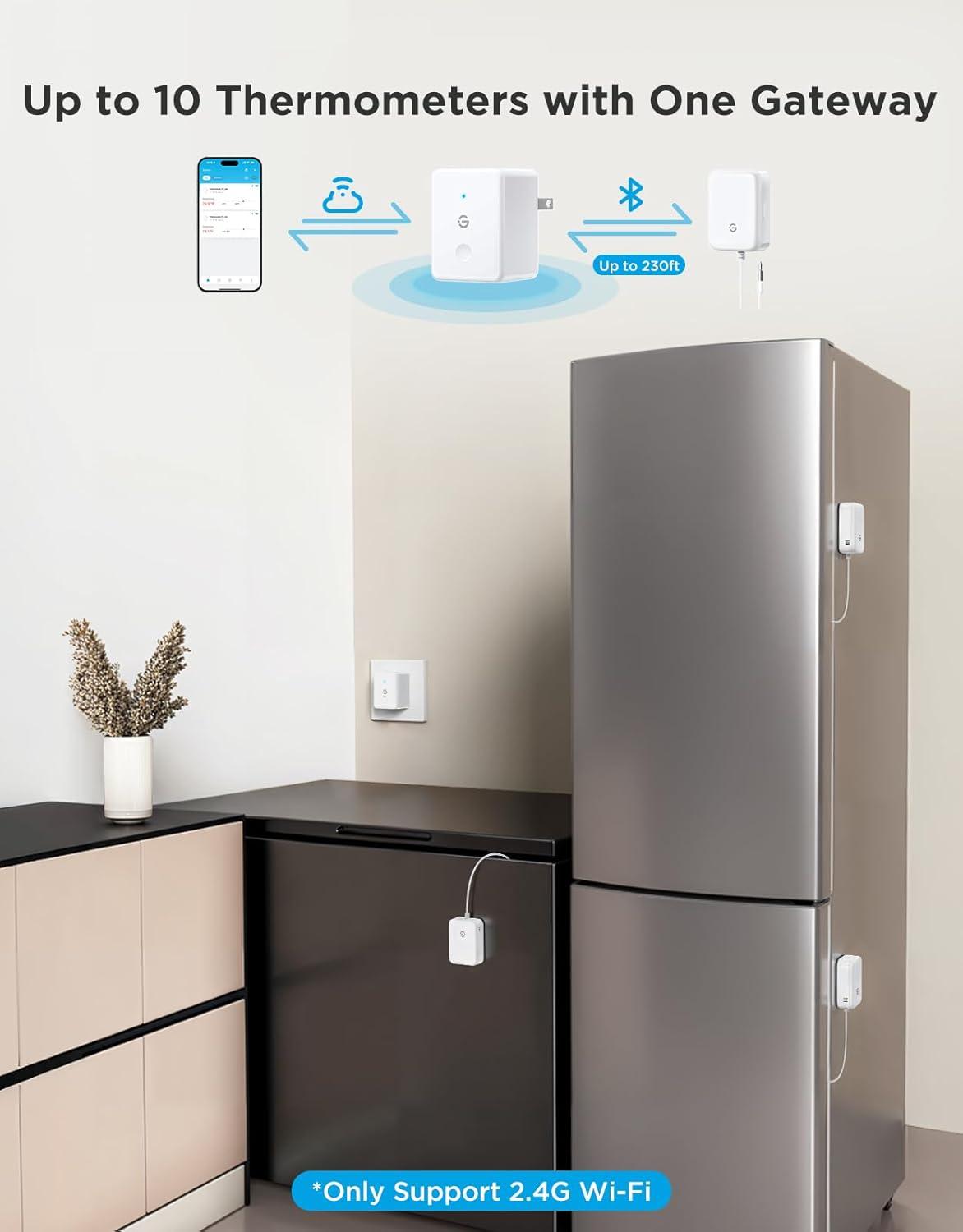 imageGoveeLife WiFi Refrigerator Thermometer with Alarm Wireless Digital Freezer Temperature Gauge with App Control 2 Years Free Data Export for Home Kitchen Fridge Hot Tub 2 Pack1 Gateway2 Sensor