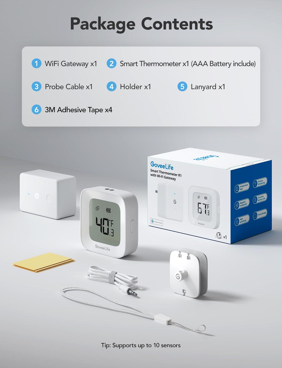 imageGoveeLife WiFi Refrigerator Thermometer with Alarm Wireless Digital Freezer Temperature Gauge with App Control LCD Display 2 Years Free Data Export for Fridge Hot Tub Only Support 24G WiFi1 Gateway  1 Sensor