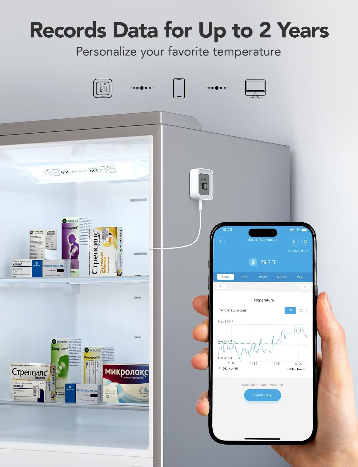 imageGoveeLife WiFi Refrigerator Thermometer with Alarm Wireless Digital Freezer Temperature Gauge with App Control LCD Display 2 Years Free Data Export for Fridge Hot Tub Only Support 24G WiFi1 Gateway  2 Sensor