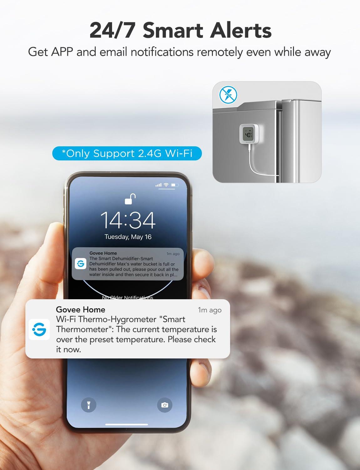 imageGoveeLife WiFi Refrigerator Thermometer with Alarm Wireless Digital Freezer Temperature Gauge with App Control LCD Display 2 Years Free Data Export for Fridge Hot Tub Only Support 24G WiFi1 Gateway  1 Sensor