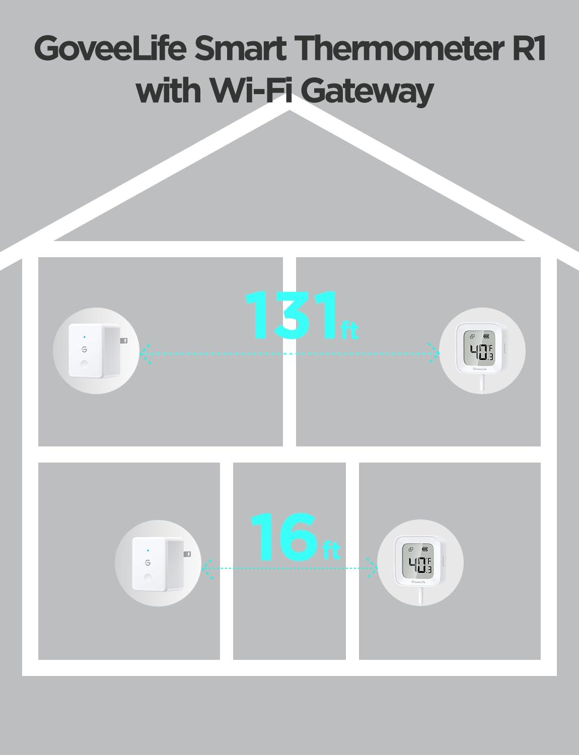 imageGoveeLife WiFi Refrigerator Thermometer with Alarm Wireless Digital Freezer Temperature Gauge with App Control LCD Display 2 Years Free Data Export for Fridge Hot Tub Only Support 24G WiFi1 Gateway  2 Sensor