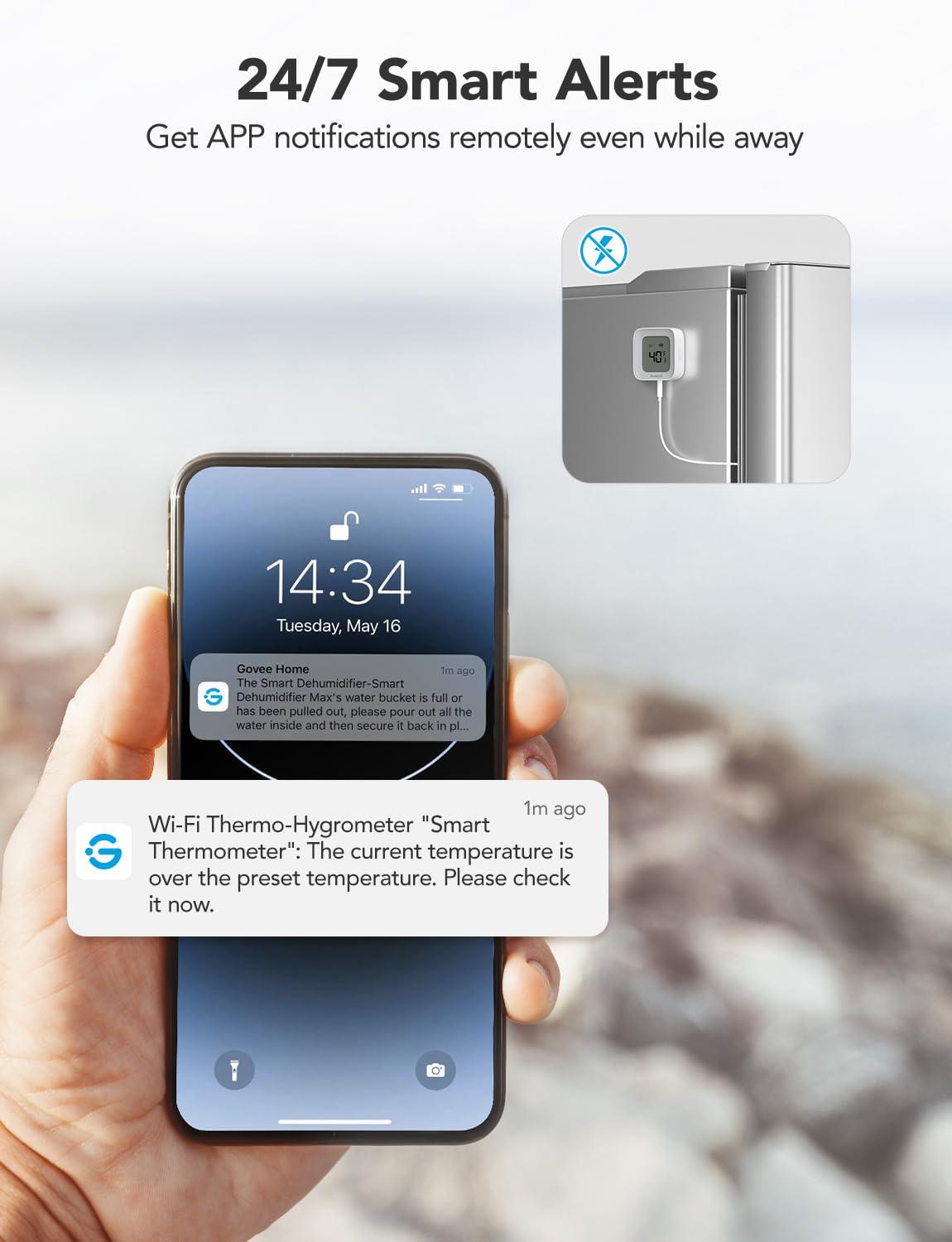 imageGoveeLife WiFi Refrigerator Thermometer with Alarm Wireless Digital Freezer Temperature Gauge with App Control LCD Display 2 Years Free Data Export for Fridge Hot Tub Only Support 24G WiFi1 Gateway  2 Sensor