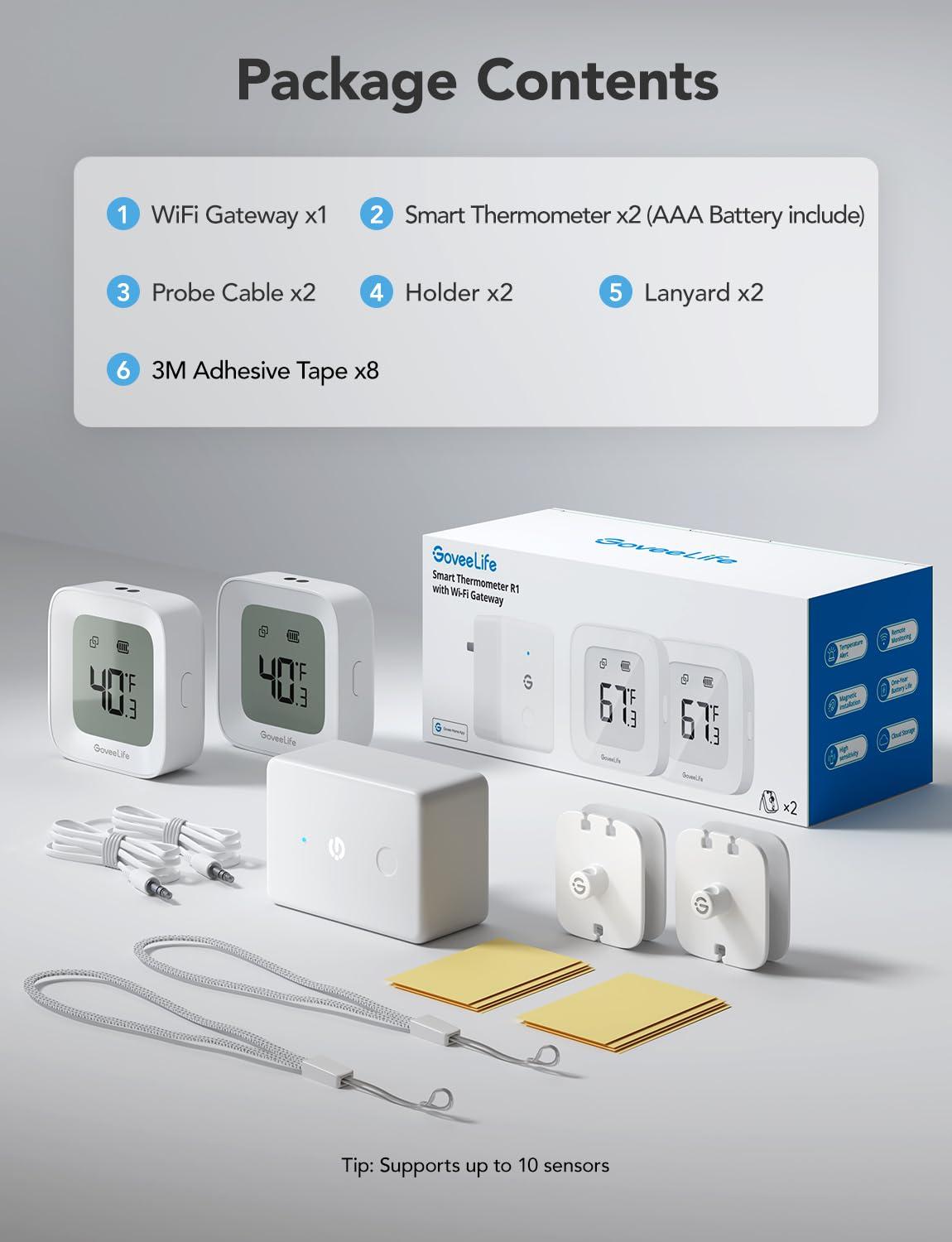 imageGoveeLife WiFi Refrigerator Thermometer with Alarm Wireless Digital Freezer Temperature Gauge with App Control LCD Display 2 Years Free Data Export for Fridge Hot Tub Only Support 24G WiFi1 Gateway  2 Sensor