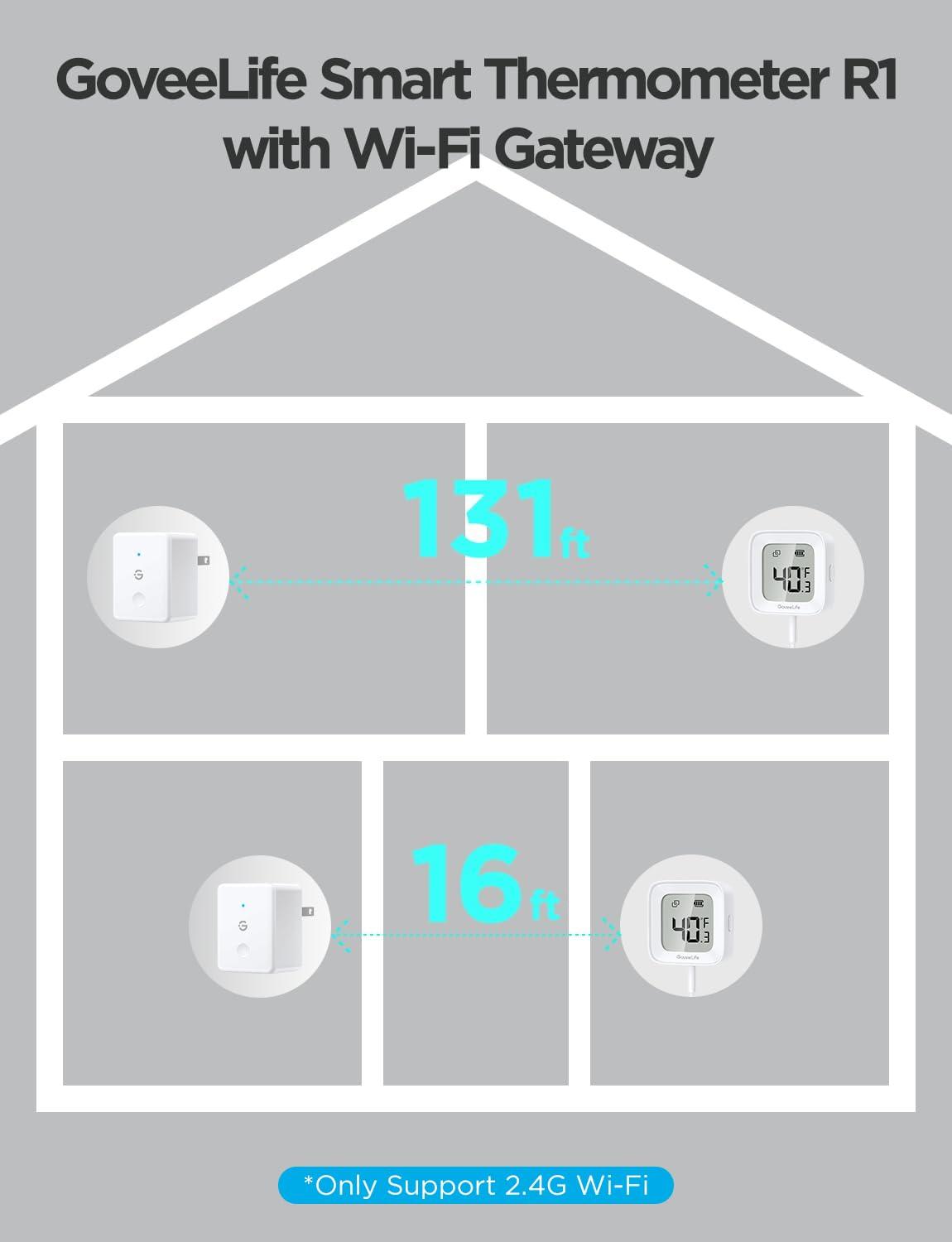 imageGoveeLife WiFi Refrigerator Thermometer with Alarm Wireless Digital Freezer Temperature Gauge with App Control LCD Display 2 Years Free Data Export for Fridge Hot Tub Only Support 24G WiFi1 Gateway  1 Sensor