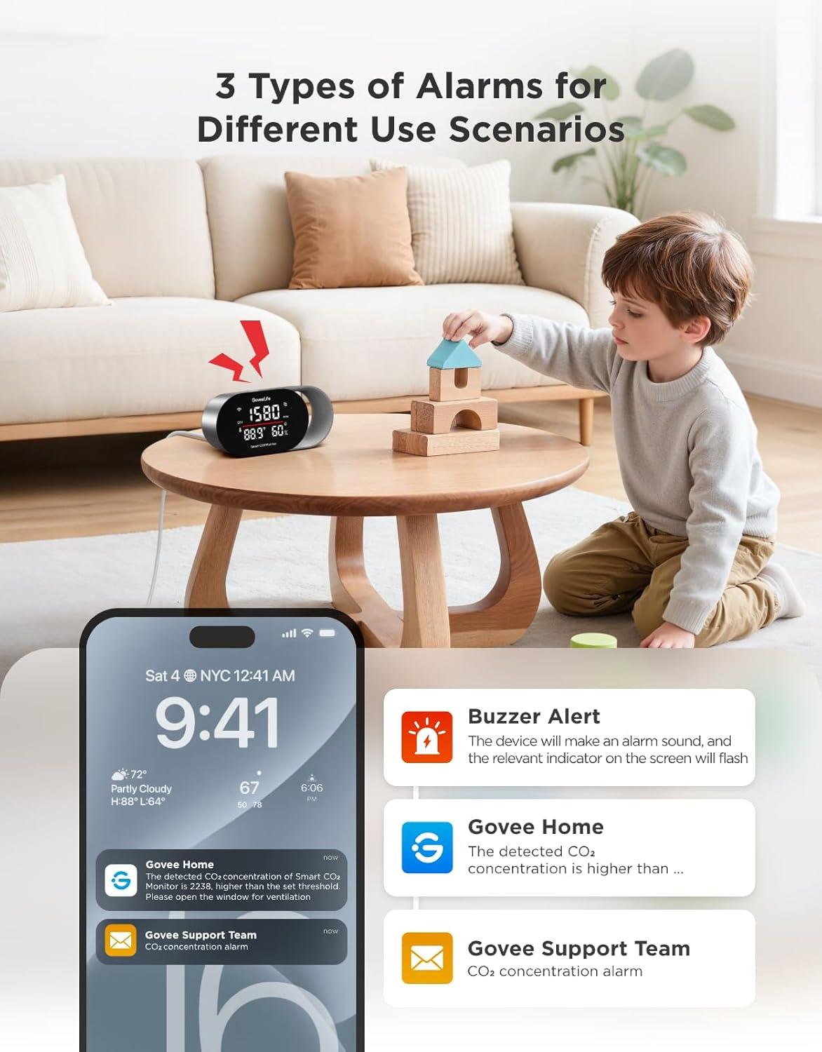 imageGoveeLife Smart Air Quality Monitor for Home CO2 Detector for Health Sleep Quality ampamp Energy Efficiency Temperature Humidity Meter with RealTime Display ampamp Alarm for Office Bedroom Kitchen