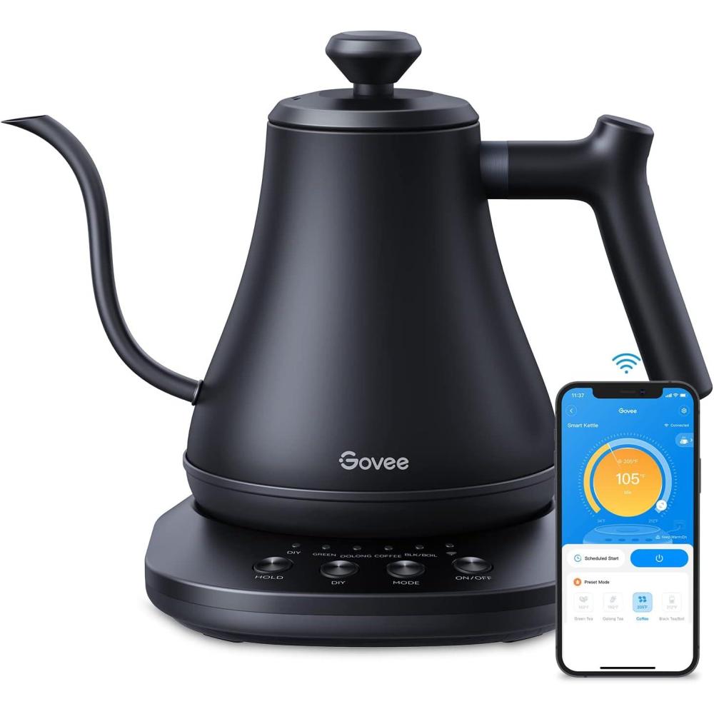 imageGovee Smart Electric Kettle WiFi Variable Temperature Gooseneck Pour Over Kettle and Tea Kettle Alexa Control 1200W Quick Heating 100 Stainless Steel 08L Matte Black