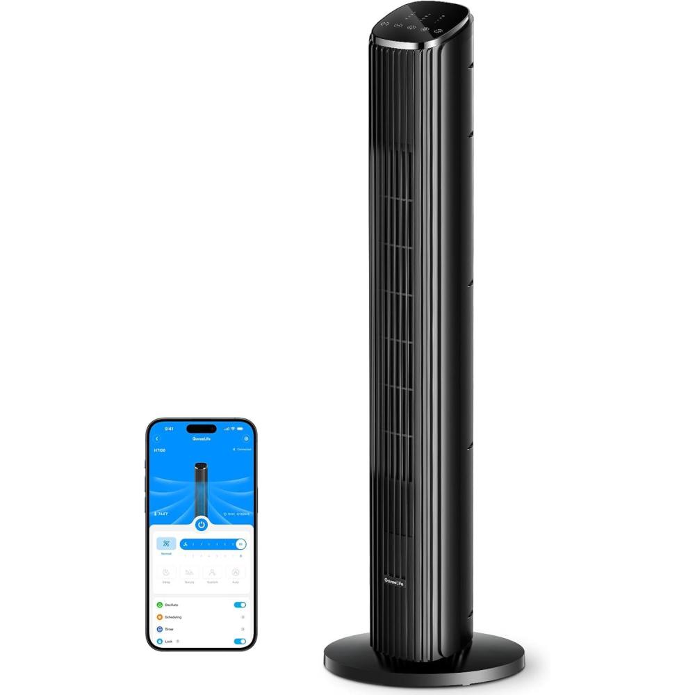 imageGoveeLife Black Tower Fan for Bedroom 36quot Smart Floor Fan with AppVoice Control Temperature Sensor 5 Modes 8 Speeds25fts 29dB Quiet Oscillating Fan for Office 24H Timer Auto CoolingBlack