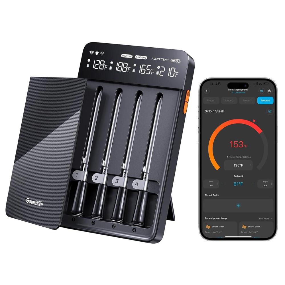 imageGoveeLife Bluetooth Wireless Meat Thermometer with 4 Probes WiFi Unlimited Range 18 Accuracy IP68 Waterproof Real Time Monitoring Digital Food Thermometer for Kitchen BBQ Grill Oven Smoker