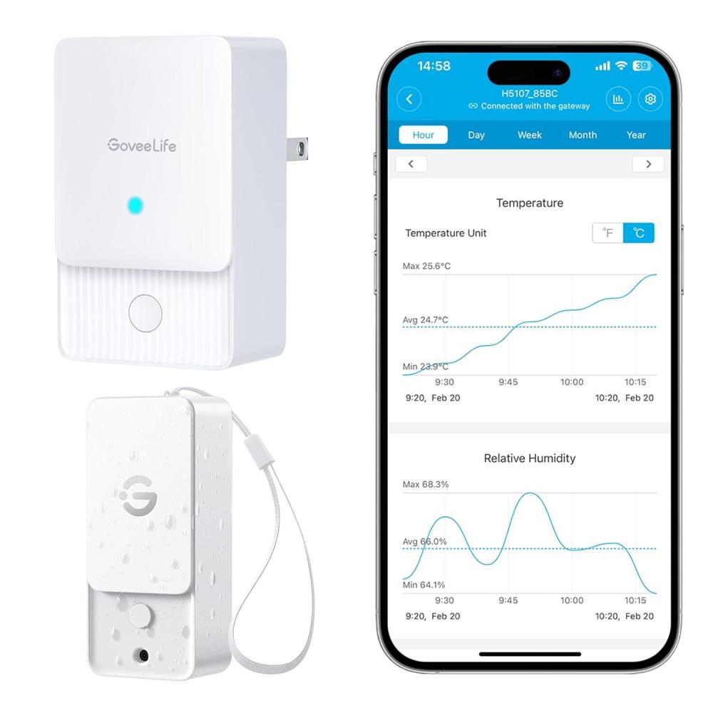 imageGoveeLife Indoor WiFi Thermometer Hygrometer 3Pack Smart Humidity Temperature Sensor with IP 65 Waterproof App Notifications 2Year Free Data Storage Export Temperature Humidity for Home Patio1 Gateway  1 Sensor