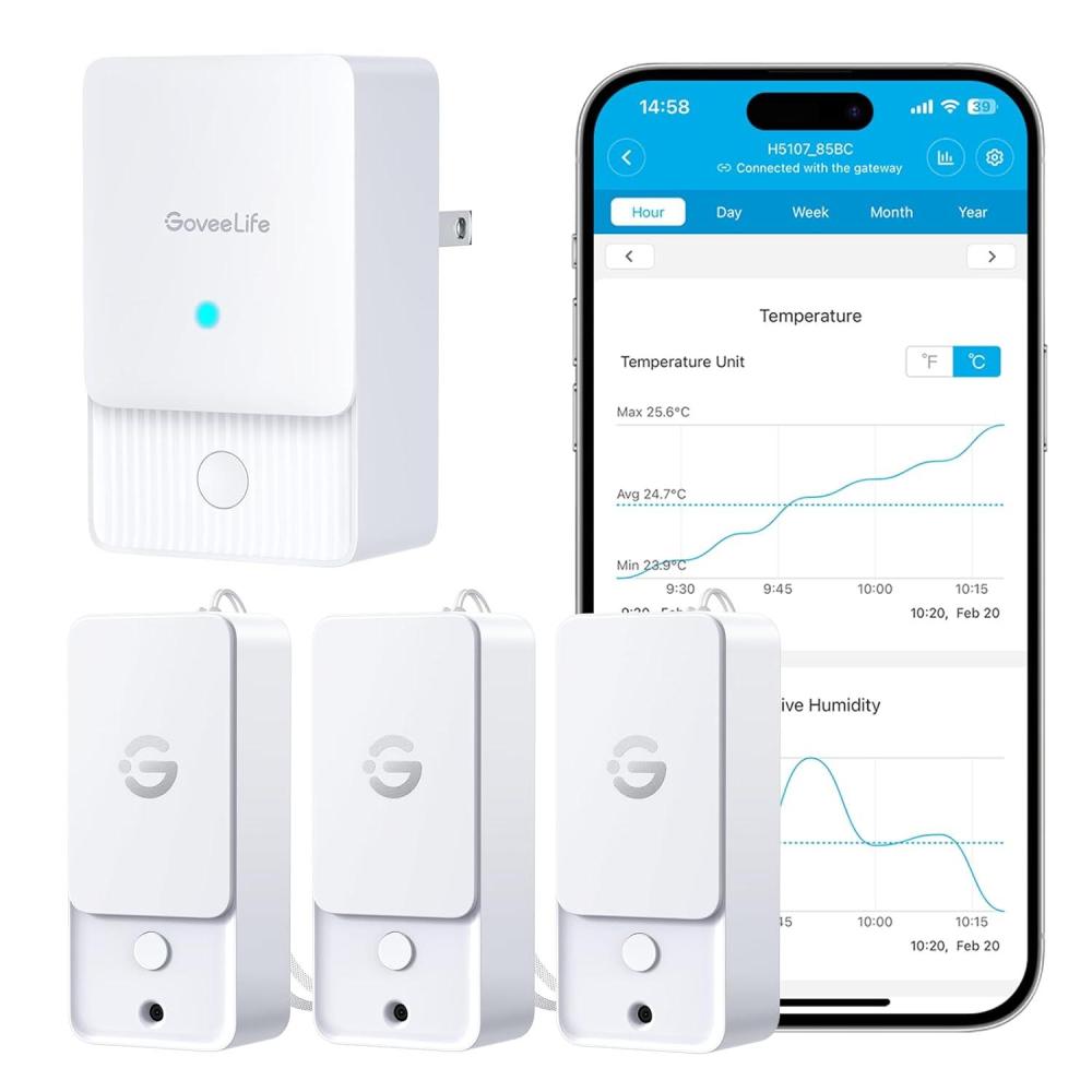 imageGoveeLife Indoor WiFi Thermometer Hygrometer 3Pack Smart Humidity Temperature Sensor with IP 65 Waterproof App Notifications 2Year Free Data Storage Export Temperature Humidity for Home Patio1 Gateway  3 Sensors