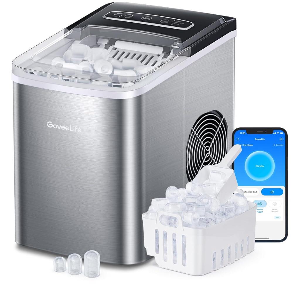 imageGoveeLife Smart Countertop Ice Makers Portable Ice Maker Machine with SelfCleaning 6 Mins 9 Bullet Ice 26lbs24Hrs Voice Remote for Home Kitchen Party Camping with Ice Scoop Stainless Silver