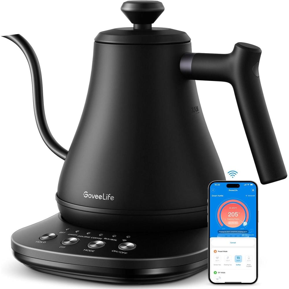 imageGoveeLife Smart Electric Kettle 08L WiFi Gooseneck Kettle Compatible with Alexa 5 Modes for Use 3minute Fast Heating and 2H Keep Warm AutoShut off for Safety Stainless Steel Matte BlackMatte Black