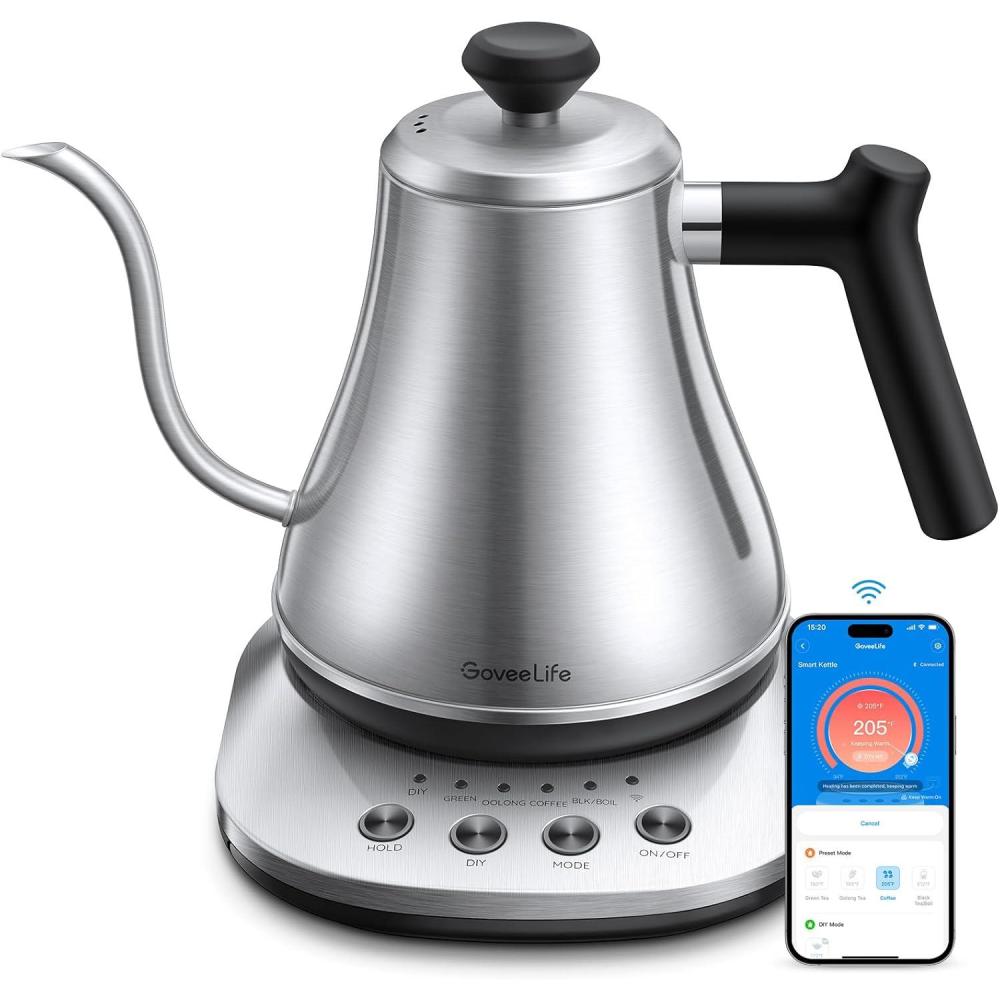 imageGoveeLife Smart Electric Kettle 08L WiFi Gooseneck Kettle Compatible with Alexa 5 Modes for Use 3minute Fast Heating and 2H Keep Warm AutoShut off for Safety Stainless Steel Matte BlackSilver
