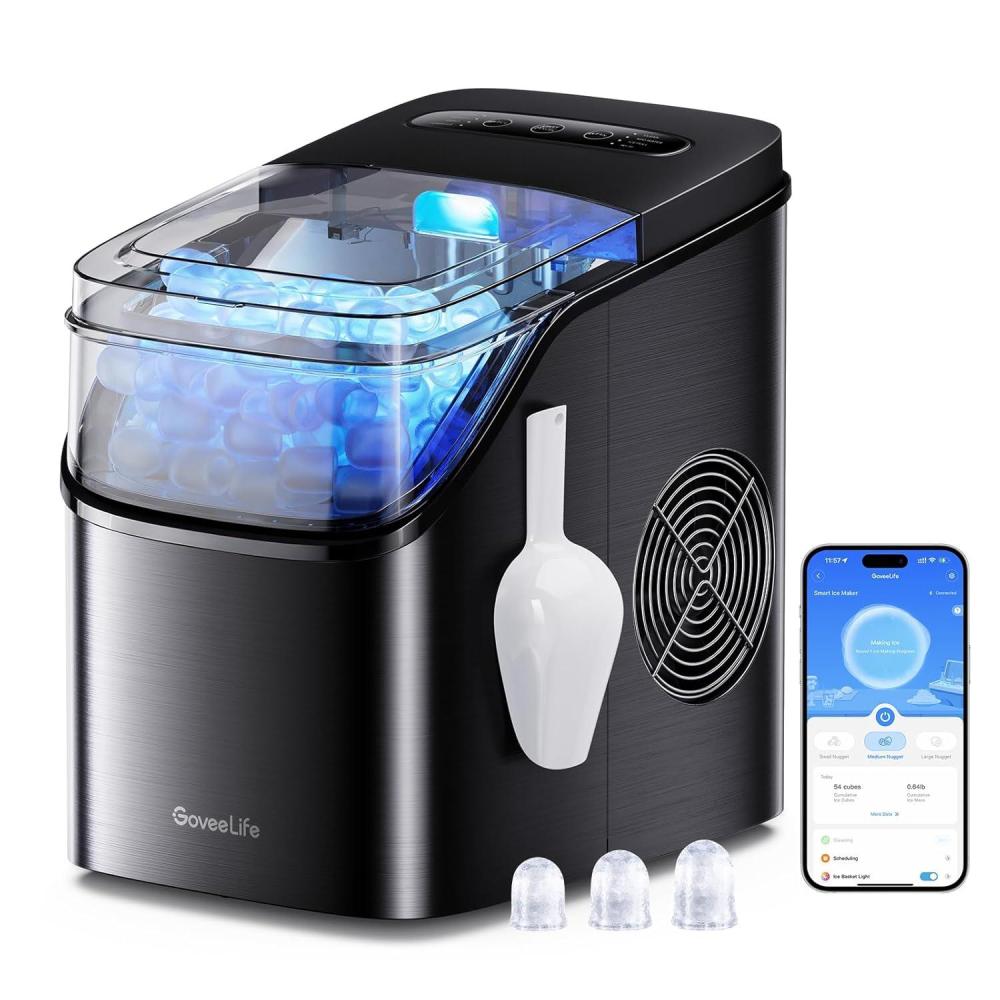 imageGoveeLife Smart Ice Maker Countertop Portable Ice Machine with Voice Control 9 Ice Cubes in 6 Minutes 3 Sizes 26lbs24Hrs Self Cleaning RGB Lights Quiet Ice Maker with Scoop for Kitchen SilverBlack