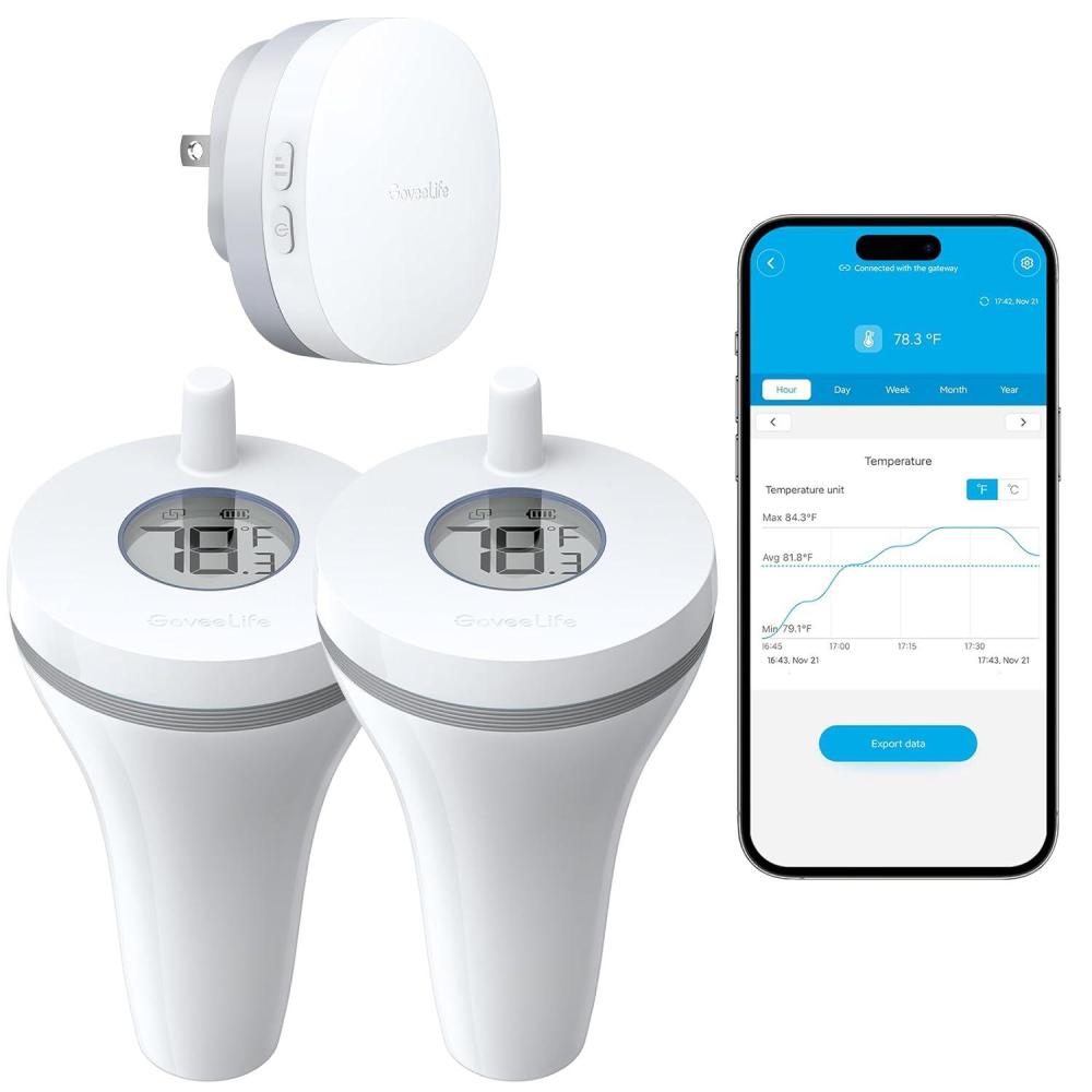 imageGoveeLife Smart Pool Thermometer Wireless App Easy Read WiFi Digital Pool Thermometer Floating with IPX7 Waterproof Notification Alert Water Temperature Monitor for Swimming Pond Bath Tub Hot Tub1 Gateway  2 Sensor