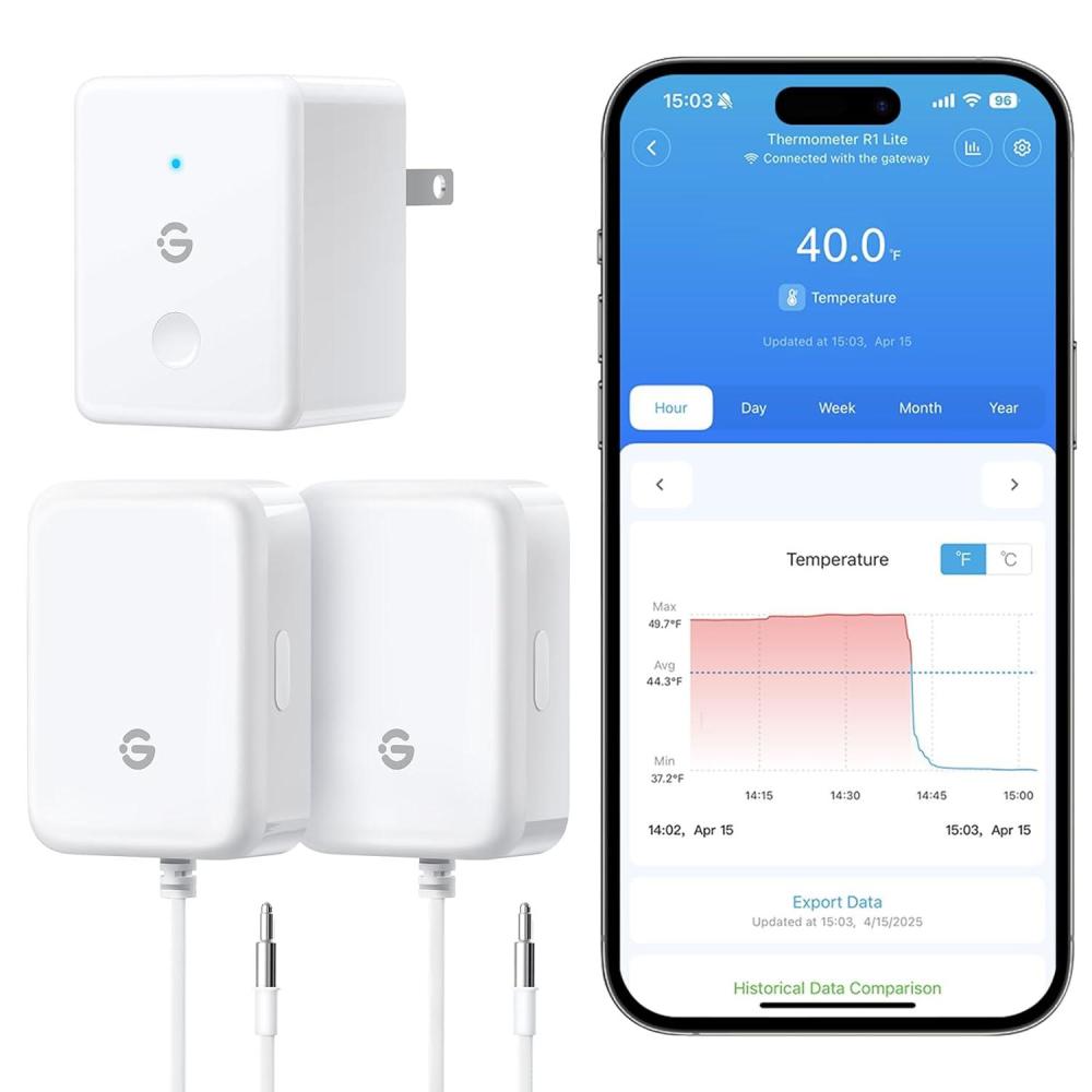 imageGoveeLife WiFi Refrigerator Thermometer with Alarm Wireless Digital Freezer Temperature Gauge with App Control 2 Years Free Data Export for Home Kitchen Fridge Hot Tub 2 Pack1 Gateway2 Sensor
