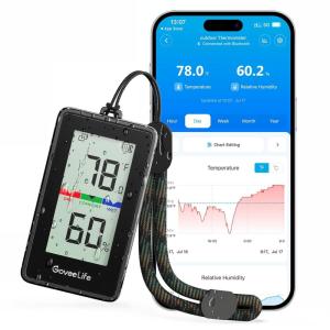 imageGoveeLife Portable Outdoor Hygrometer Thermometer with IP65 Waterproof Standalone Digital Display 197ft Buletooth Range Notification Alerts 2 Years Data Storage Export for Camping Hiking Patio
