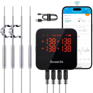 imageGoveeLife WiFi Meat Thermometer Digital Smart Cooking Thermometer with 4 Probes Wireless Bluetooth Grill Thermometer with APP Alert and Temp Curve 40H Rechargeable BBQ Thermometer for Smoker Oven
